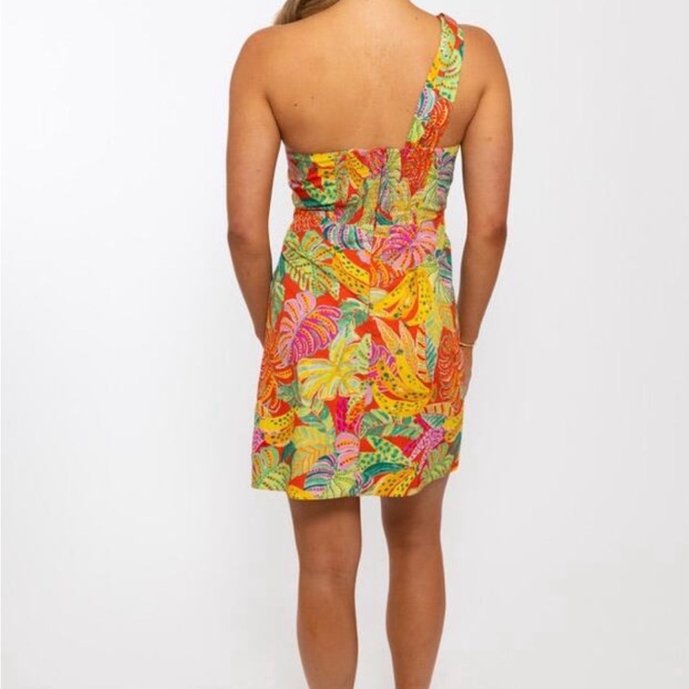 Karlie One-Shoulder Tropical Print Dress in Yellow, Pink, Green, Orange - Picture 2 of 9